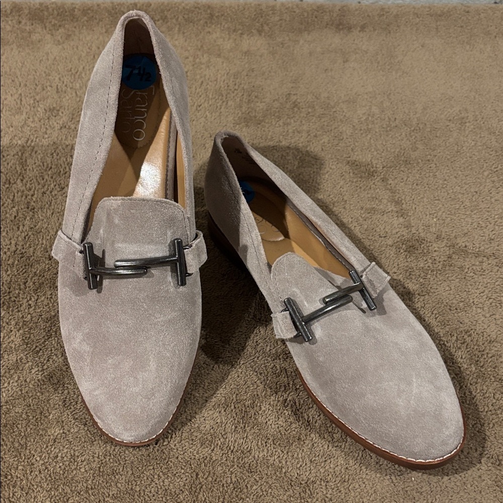 Franco Sarto Taupe Suede Harlow Loafers with Metal Detail on Vamp - Size 7.5